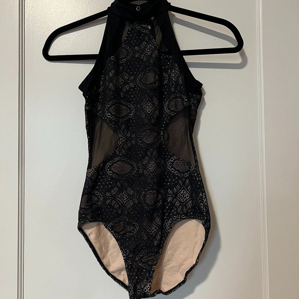Lace and Mesh Black High-neck Leotard